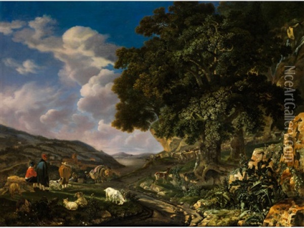 Landschaft Mit Grossem Eichenbaum Sowie Hirten Mit Schafen Und Ziegen Oil Painting - Abraham Jansz. Begeyn