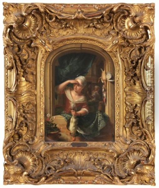 Jeune Fille A Sa Fenetre Tenant Un Coq Oil Painting - Philip van Dyk