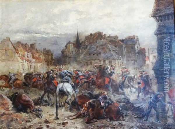 Combat De Rue Entre Francais Et Prussiens Durant La Guerre De 1870 Oil Painting - Wilfrid Constant Beauquesne