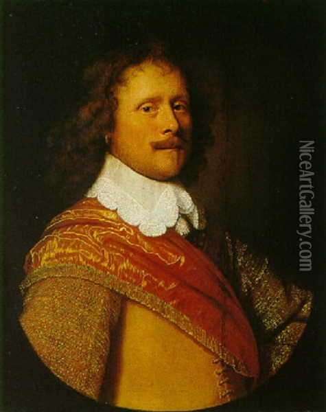 Portrait Of A Gentleman Wearing An Embroidered Doublet, A Red Satin Sash And A Lace-trimmed Collar Oil Painting - Pieter Nason