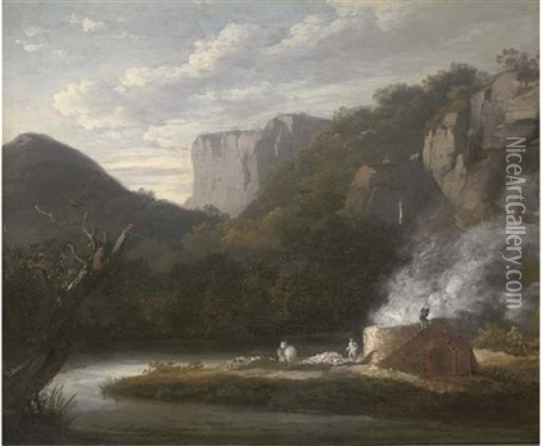 A Lime Kiln In A Wooded River Valley Oil Painting - Thomas Barker