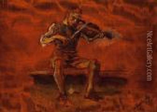 Playing The Violin Oil Painting - Laszlo Mednyanszky