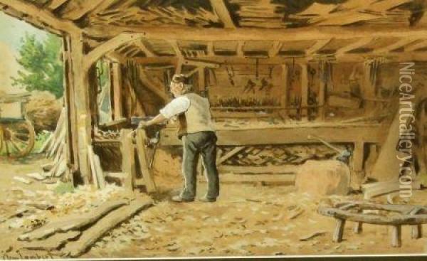Inside The Wheelright's Shop Oil Painting - Clem Lambert