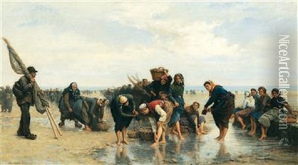 Oyster Fisherwomen On A Bustling Beach Oil Painting - Eugene Feyen