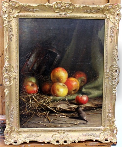 A Still Life With A Mouse Seated Before Apples And A Lantern Oil Painting - John Fitz Marshall