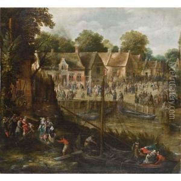 A Village Kermesse With Elegant Figures Entering Boats And Figures Dancing And Playing Games In The Background Oil Painting - Pieter I Van Der Hulst