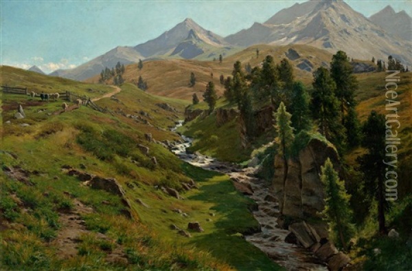 Sommerlandschaft Mit Hochalm Und Weidenden Kuhen Vor Gebirgspanorama Oil Painting - Georg Hermann Engelhardt