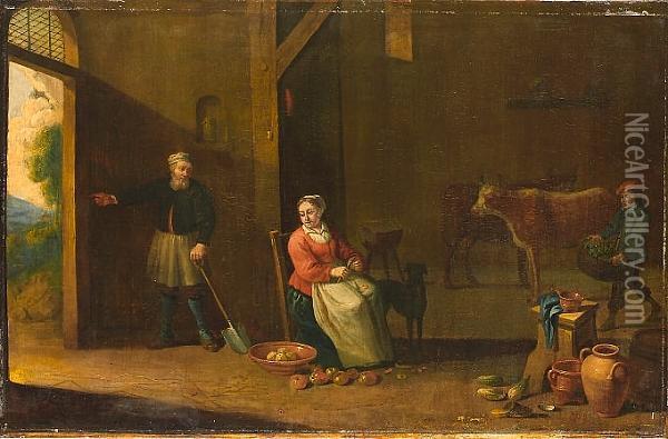 A Lady Seated In An Interior 
Peeling Vegetables, With A Peasant Standing At The Doorway, Earthenware 
Pots In The Foreground And Cattle Beyond Oil Painting - David The Younger Teniers