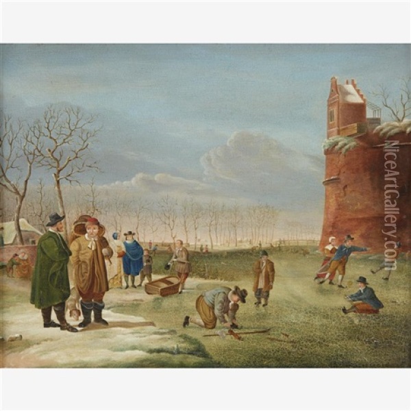 Figures On A Frozen Waterway Oil Painting - Hendrick Avercamp