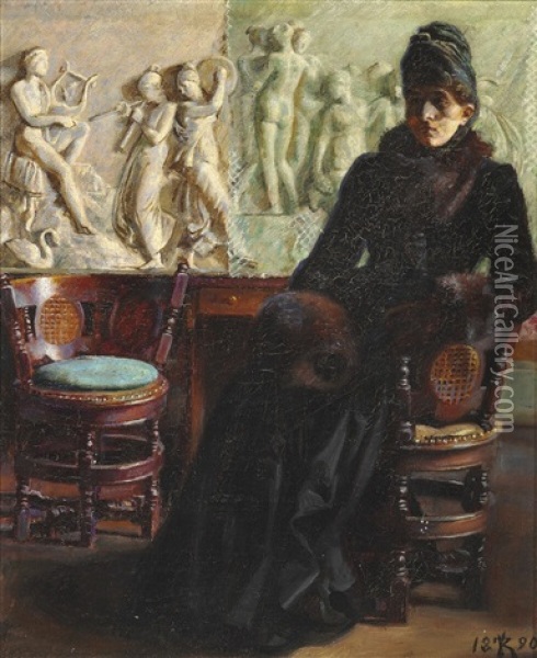 Interior With A Sitting Lady Dressed In Black Oil Painting - P.H. Kristian Zahrtmann