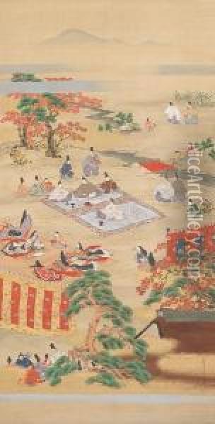 Nobleladies And High-ranking Officers From The Imperial Court Oil Painting - Tosa Mitsusada
