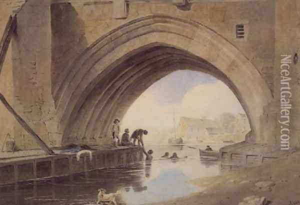 Children swimming under Ouse Bridge in York, 1805 Oil Painting - John Varley