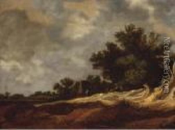 A Dune Landscape With Peasants Resting, A Farmhouse Beyond Oil Painting - Pieter De Molijn