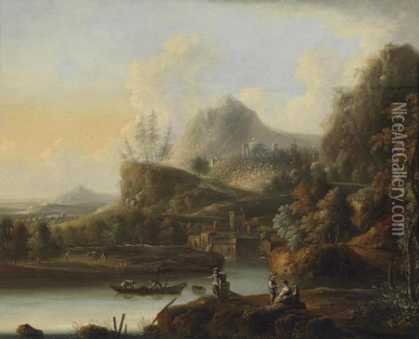 Mountainous River Landscape Oil Painting - Johann Christian Vollerdt or Vollaert