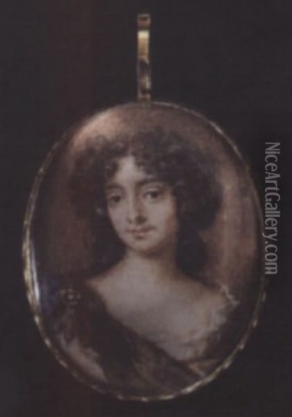 A Viscountess Wearing White Gown, Her Brown And Blue Cloak Pinned At The Shoulder With Jewelled Brooch, Her Dark Brown Hair Worn Over Her Shoulder Oil Painting - Susan Penelope Rosse