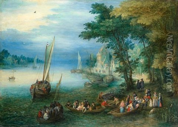 A River Landscape With Figures Disembarking From A Ferry Oil Painting - Jan Brueghel the Elder