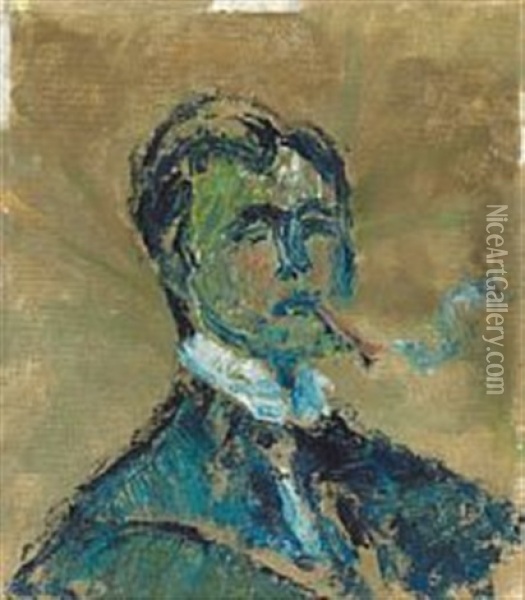 Self-portrait In Blue Oil Painting - Harald Giersing