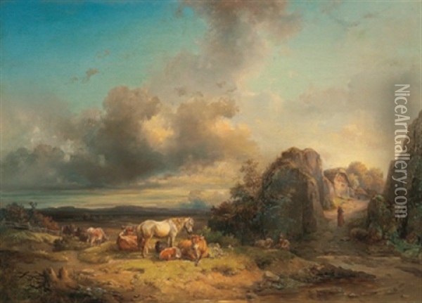 Auf Der Weide Vor Weiter Landschaft Oil Painting - Edmund Mahlknecht