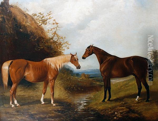 A Bay And Chestnut Horse In A Landscape Oil Painting - Henry Barraud