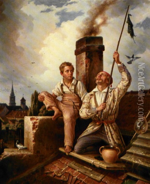 Far Og Son Ved Dueslaget, I Baggrunden Udsigt Over Byens Tage Oil Painting - Eduard Karl Gustav Lebrecht Pistorius