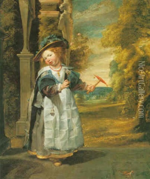 Portrait Of The Painter's Daughter Anna Catharina Holding Her Pet Finch Oil Painting - Jacob Jordaens