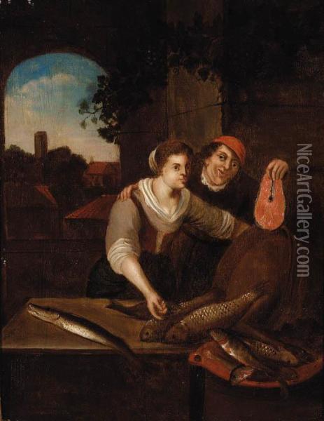 A Fishmonger And A Peasant Woman At A Casement Oil Painting - Jan Steen