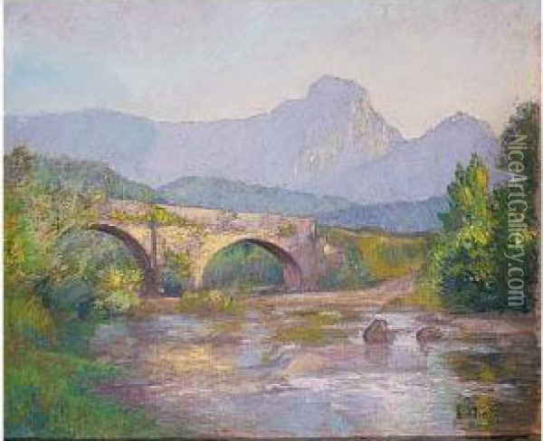 Paisaje Del Duranguesado Con Elmonte Amboto Oil Painting - Enrique Nieto Uribarri