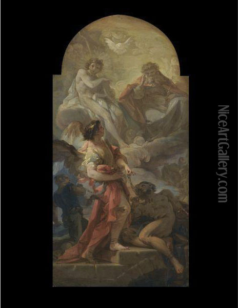 The Holy Trinity With An Archangel Freeing Slaves Oil Painting - Corrado Giaquinto