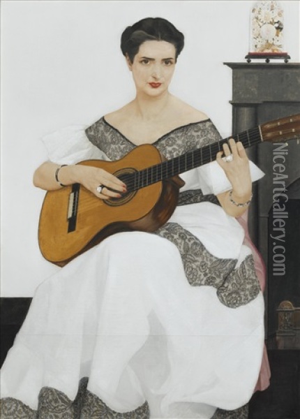 Delfina A La Guitare Oil Painting - Bernard Boutet De Monvel