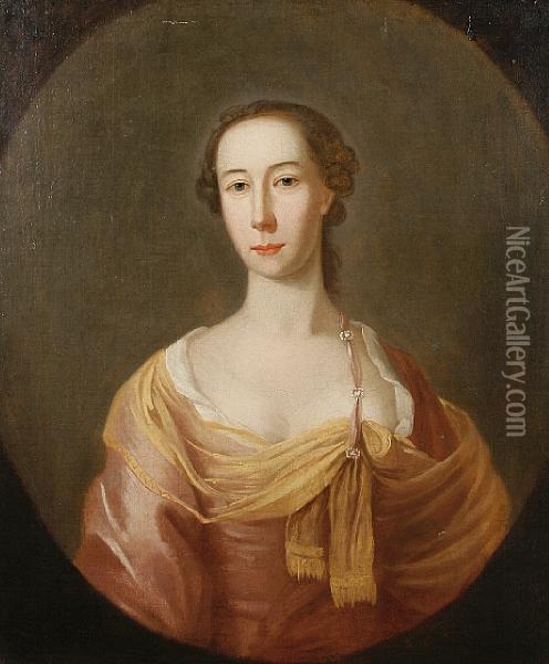 Portrait Of A Lady In Pink, Within A Paintedoval Oil Painting - Thomas Hudson