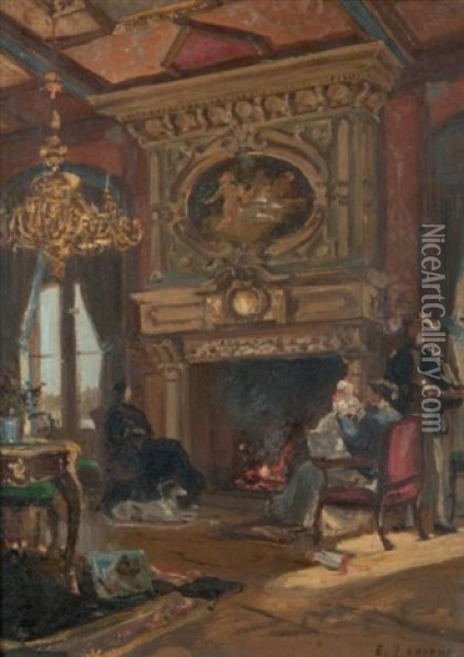 Famille Au Coin Du Feu Dans Un Interieur Oil Painting - Edme-Emile Laborne