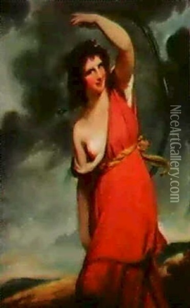 Portrait Of Emma Lady Hamiltonas Mirth Oil Painting - George Romney