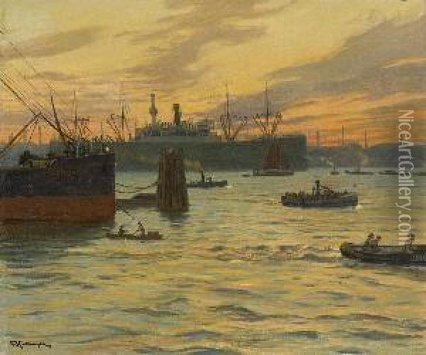 Im Hamburger Hafen. Oil Painting - Friedrich Kallmorgen