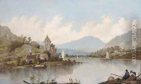 Figures on the bank of the Rhine Oil Painting - Alfred Vickers