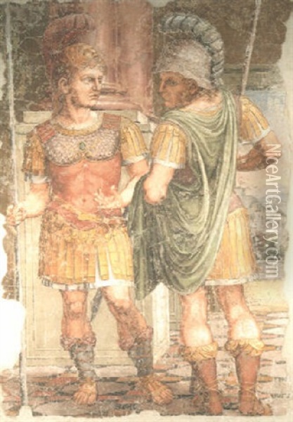 Two Roman Soldiers Conversing Oil Painting - Giulio Romano