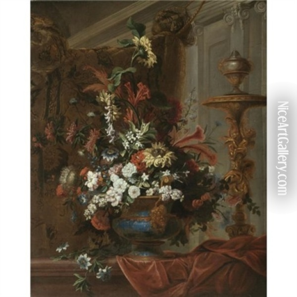 Still Life With A Bouquet Of Flowers In An Elaborate Brass Urn Standing In A Palatial Interior Oil Painting - Jean-Baptiste Belin de Fontenay the Younger