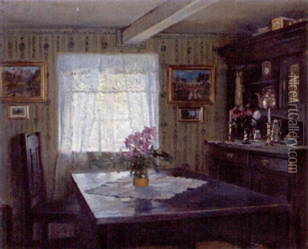 Interior Fra En Dagligstue Med Malerier Pa Vaeggene Og Blomster I Vase Pa Et Bord Oil Painting - Fritz Kraul