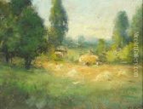 A Haystack And Wagon In A Field Oil Painting - William Keith