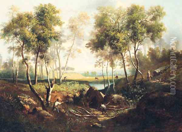 Woodcutters in a Landscape Oil Painting - French School