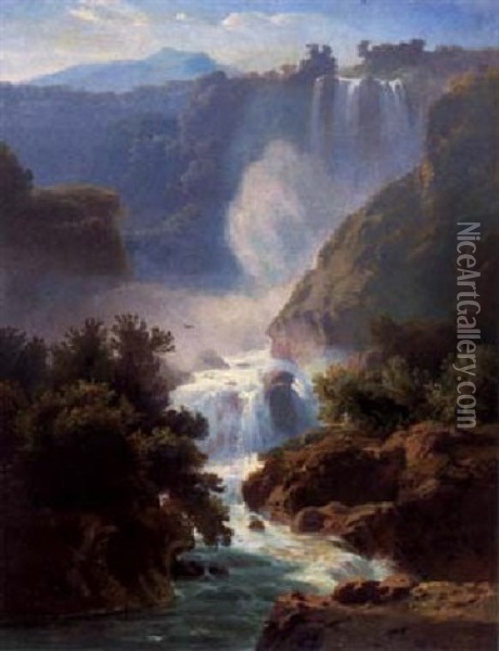 Gischtender Wasserfall Im Gebirge Oil Painting - Max Schmidt