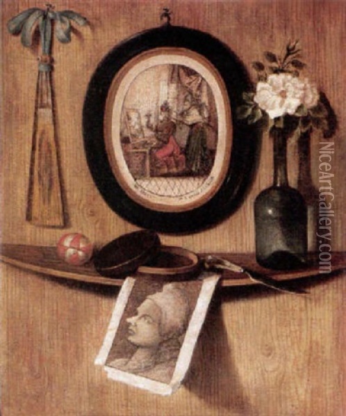 Trompe L'oeil Of Prints, A Fan, A Rose In A Wine Bottle, A Knife, A Pot And A Ball On A Ledge On A Wooden Wall Oil Painting - Andrea Domenico Remps