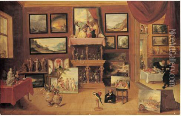 Deux Collectionneurs Dejeunant Dans Une Galerie De Peintures Oil Painting - Frans II Francken