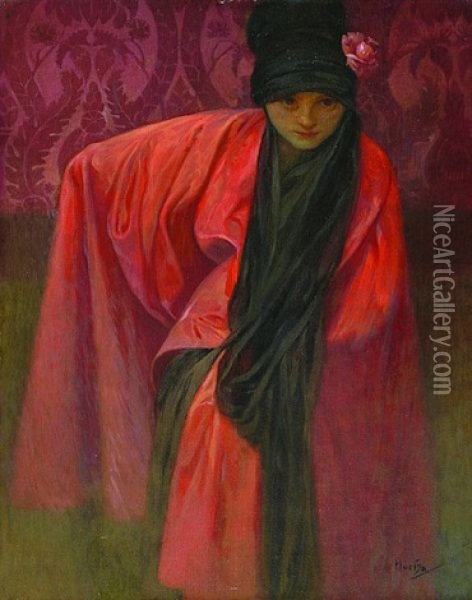 Girl In Red Oil Painting - Alphonse Mucha