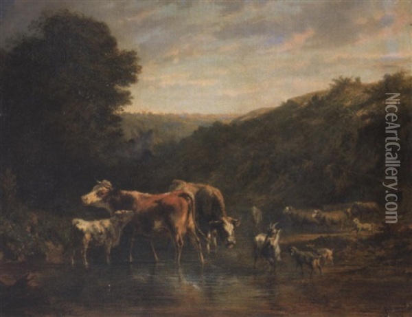 Kuhe, Ziegen Und Schafe Am Wasser Oil Painting - Charles (Jean-Ch. Ferdinand) Humbert