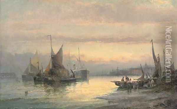 Unloading the day's catch at dusk Oil Painting - William A. Thornley or Thornbery