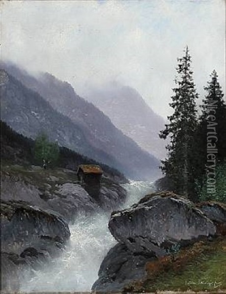 Mountain Landscape With A River Oil Painting - Ludvig Skramstad