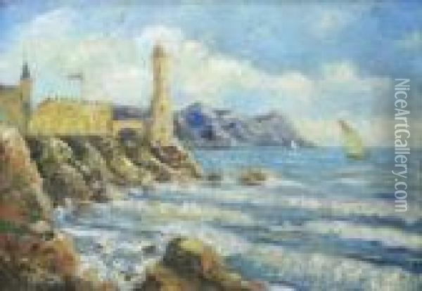 Castle At The Sea Shore Oil Painting - Rudolf Negely