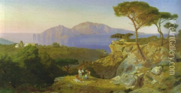Capri - Blick Auf Capri Und Den Golf Von Neapel Von Einem Piniengesaumten Hohenweg Mit Rastenden Oil Painting - Karl August Lindemann-Frommel