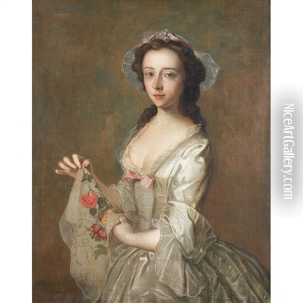 Lady Holding A Flowered Scarf Oil Painting - Philip Mercier