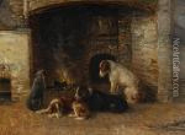 Dogs By The Hearth Oil Painting - Thomas Smythe